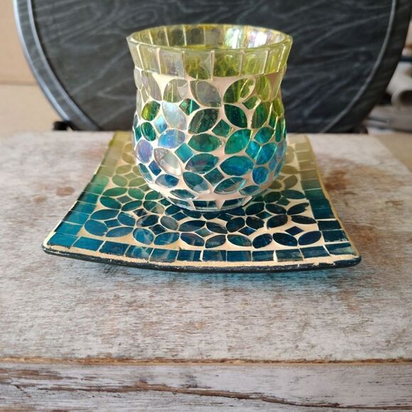 Yankee Candle Holder Plate Set Mosaic Glass Tiles - Picture 1 of 9